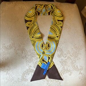 Retro 100% silk J. McLaughlin hair tie, bag scarf, brown, olive green, blue